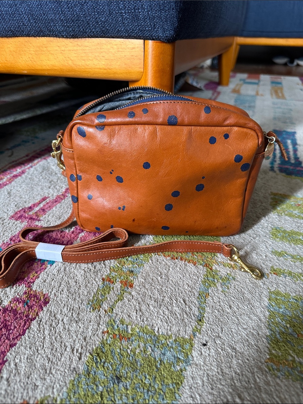 Tan Leather Crossbody Bag with Navy Dot Detail
